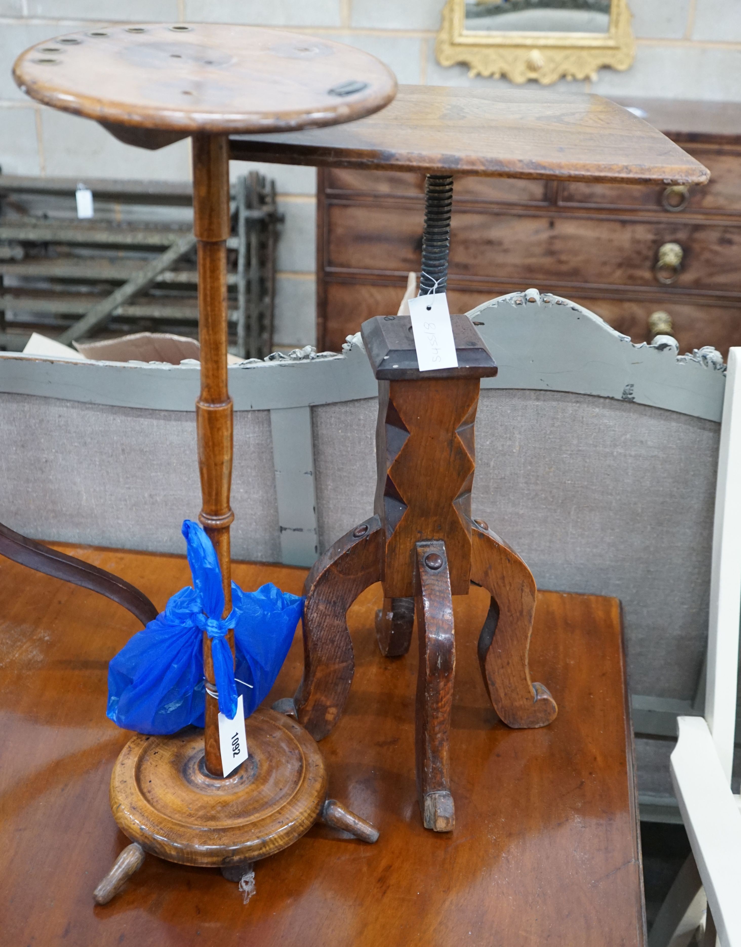 A late Victorian beech smoker's stand together with an oak adjustable table